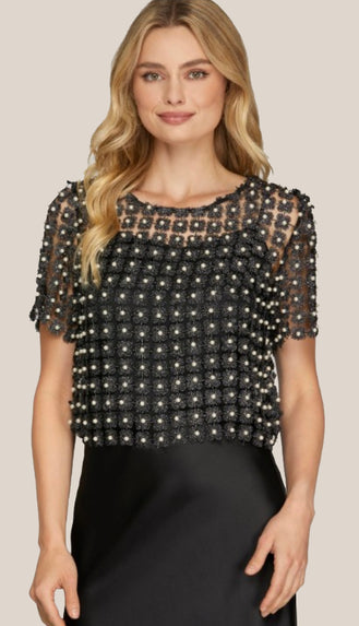 Lurex Crochet Lace Pearl Beaded Top- Black