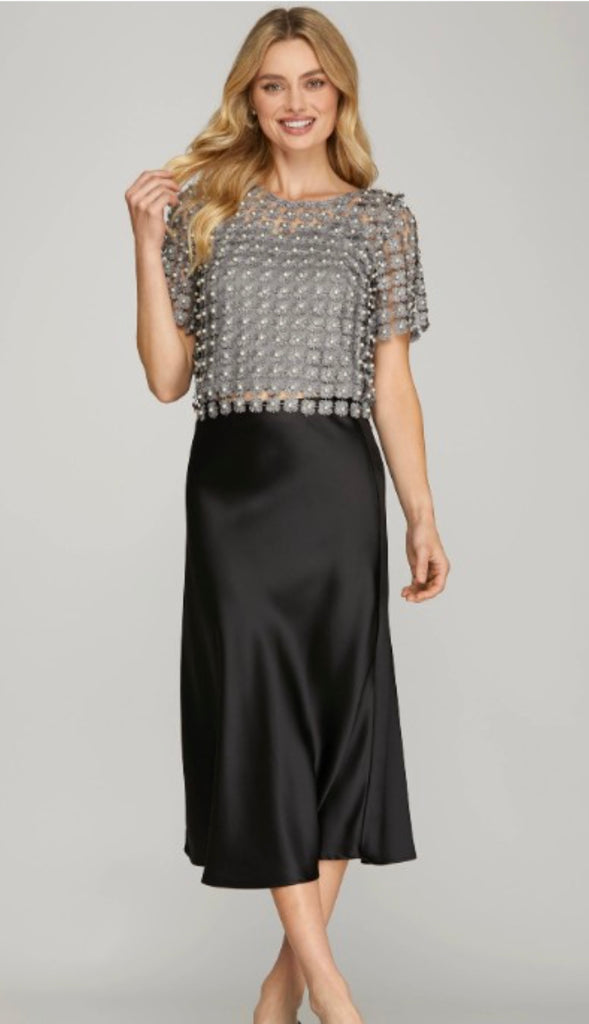 Lurex Crochet Lace Pearl Beaded Top- Black