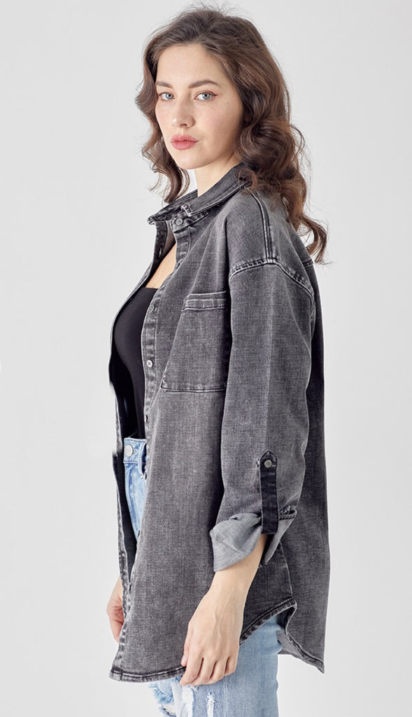Risen Oversized Denim Shirt- Washed Black