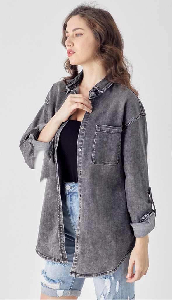Risen Oversized Denim Shirt- Washed Black