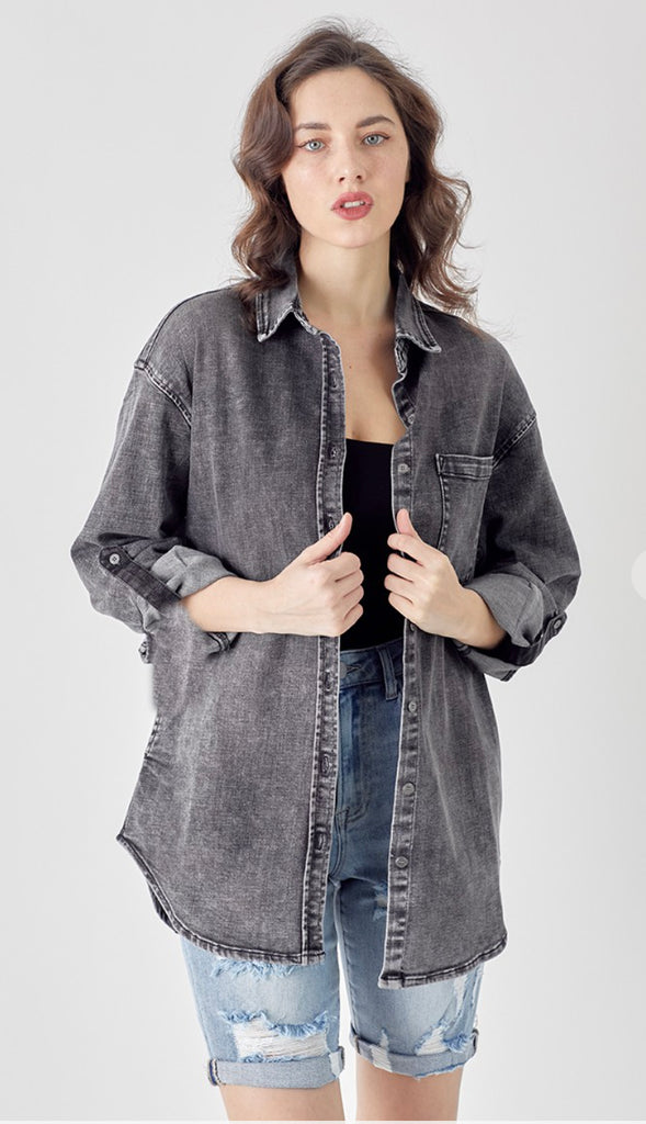 Risen Oversized Denim Shirt- Washed Black