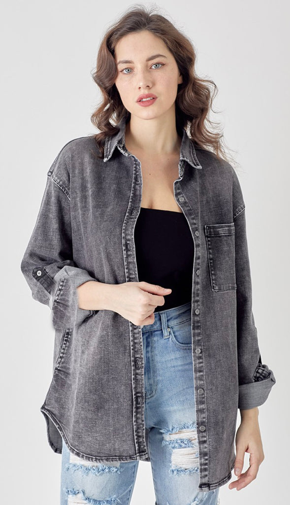 Risen Oversized Denim Shirt- Washed Black