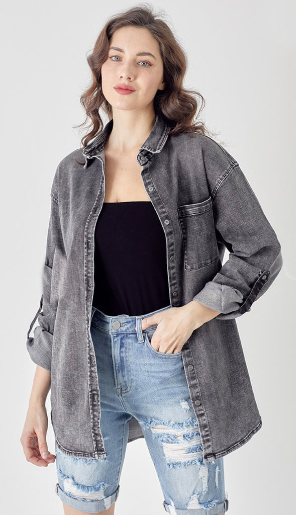 Risen Oversized Denim Shirt- Washed Black