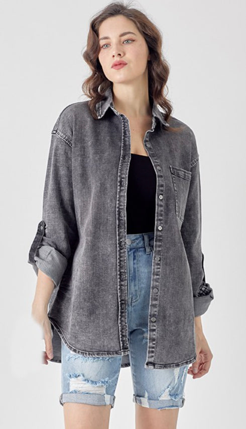 Risen Oversized Denim Shirt- Washed Black