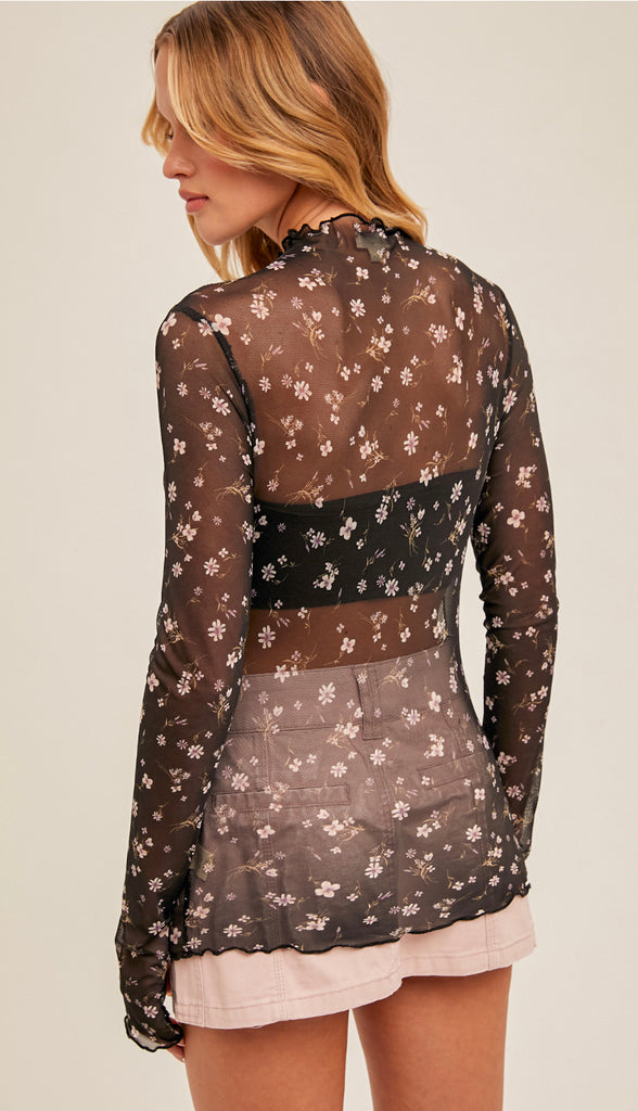 Dahlia Mock Neck Cabbage Hem  Mesh Top- Black