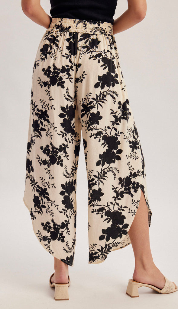 Floral Tulip Hem Pants- Cream/Black