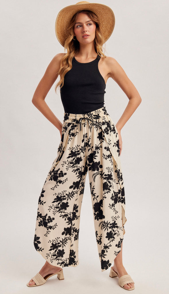 Floral Tulip Hem Pants- Cream/Black