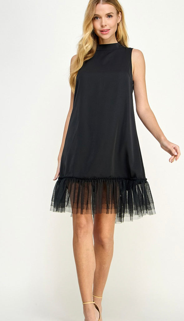Dark And Fun Mesh Layered Bottom Dress- Black