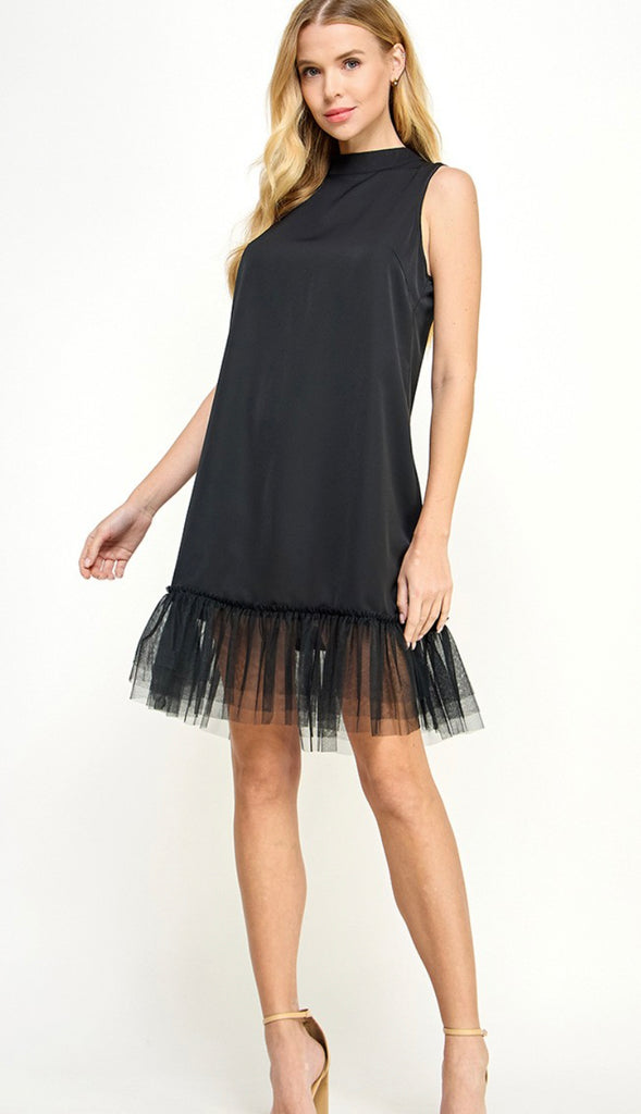 Dark And Fun Mesh Layered Bottom Dress- Black