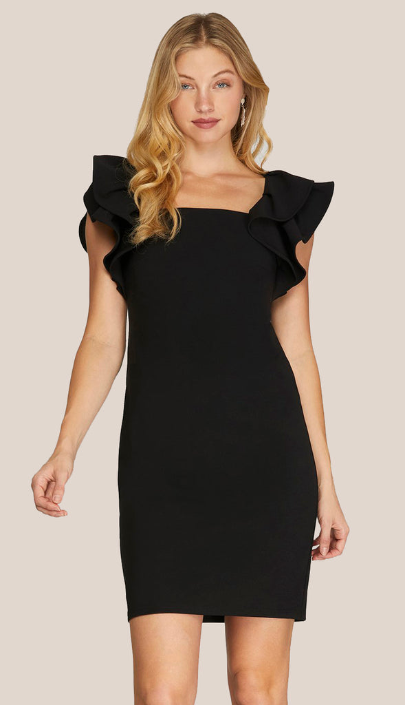 Gracing You Ruffled Sleeve Square Neck Dress- Black