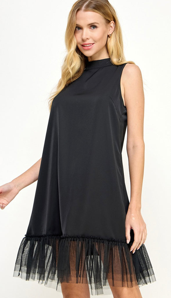 Dark And Fun Mesh Layered Bottom Dress- Black