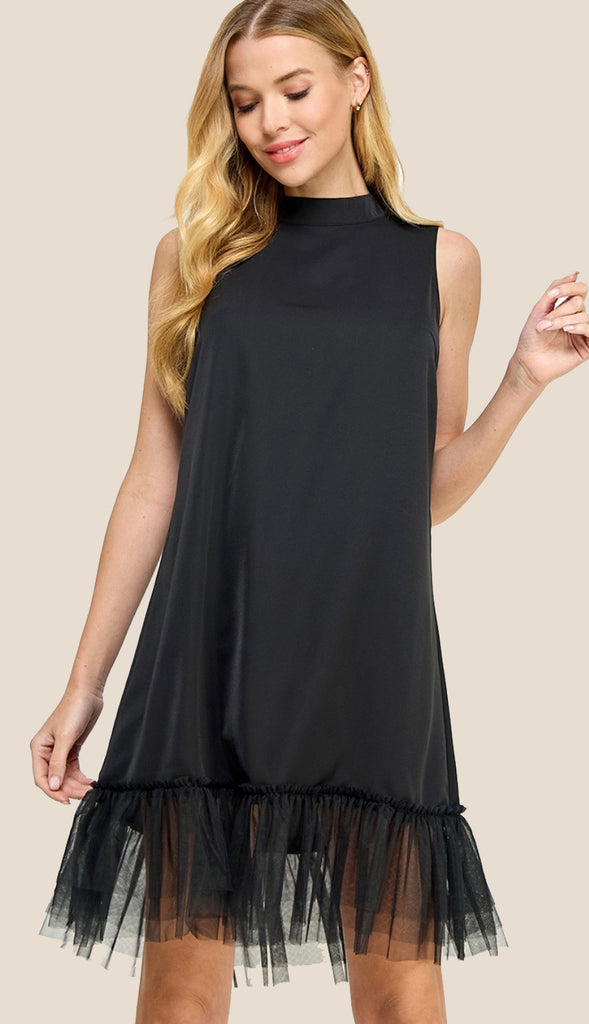 Dark And Fun Mesh Layered Bottom Dress- Black