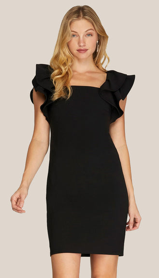 Gracing You Ruffle Square Neck Dress- Black