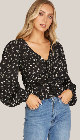 Midnight Florals Print Ruched Top- Black