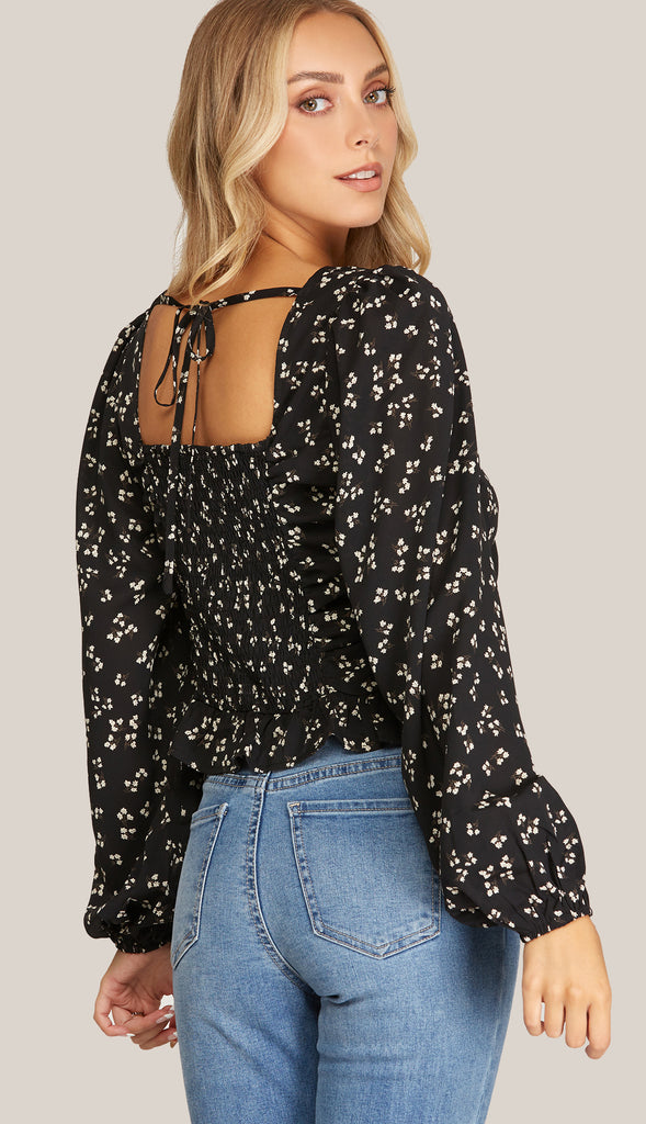 Midnight Florals Print Ruched Top- Black
