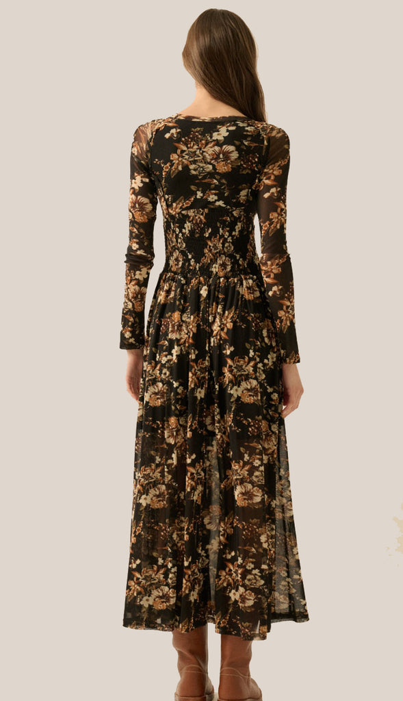 Falling Into Midnight Floral Mesh Smocked Midi Dress- Black