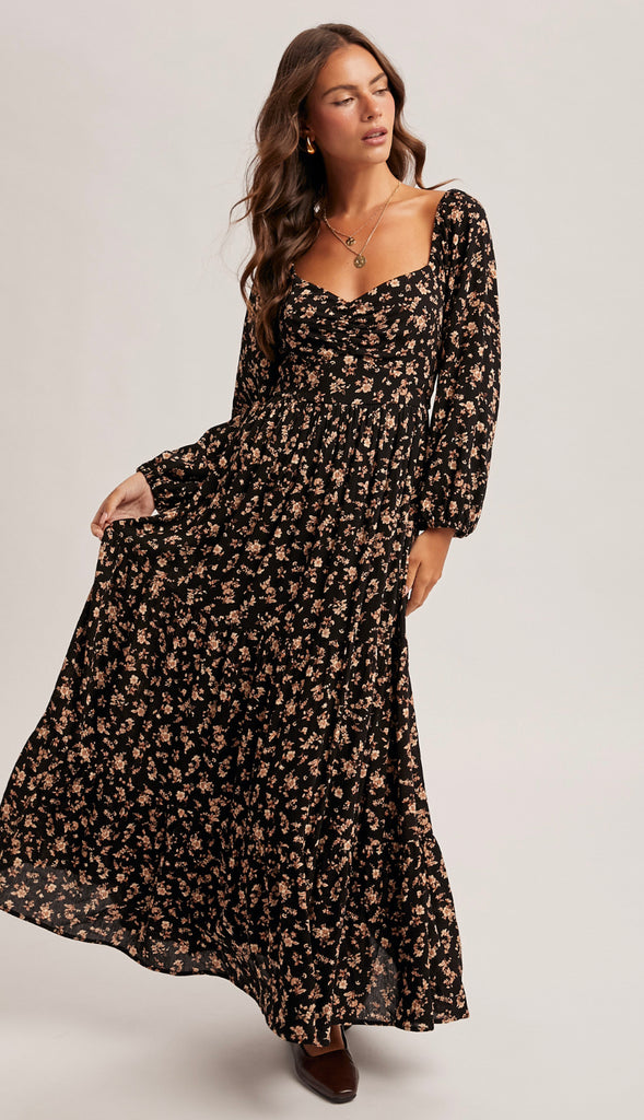 Midnight Wonder Floral Midi Dress- Black
