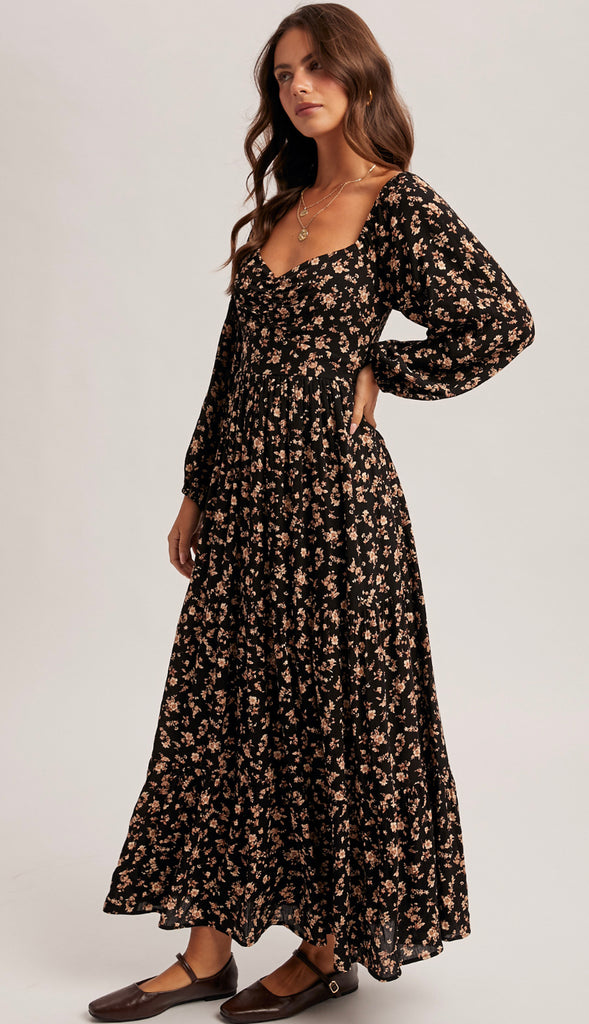 Midnight Wonder Floral Midi Dress- Black