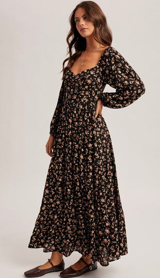 Midnight Wonder Floral Midi Dress- Black