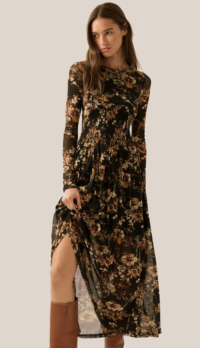 Falling Into Midnight Floral Mesh Smocked Midi Dress- Black Falling Into Midnight Floral Mesh Smocked Midi Dress- Black