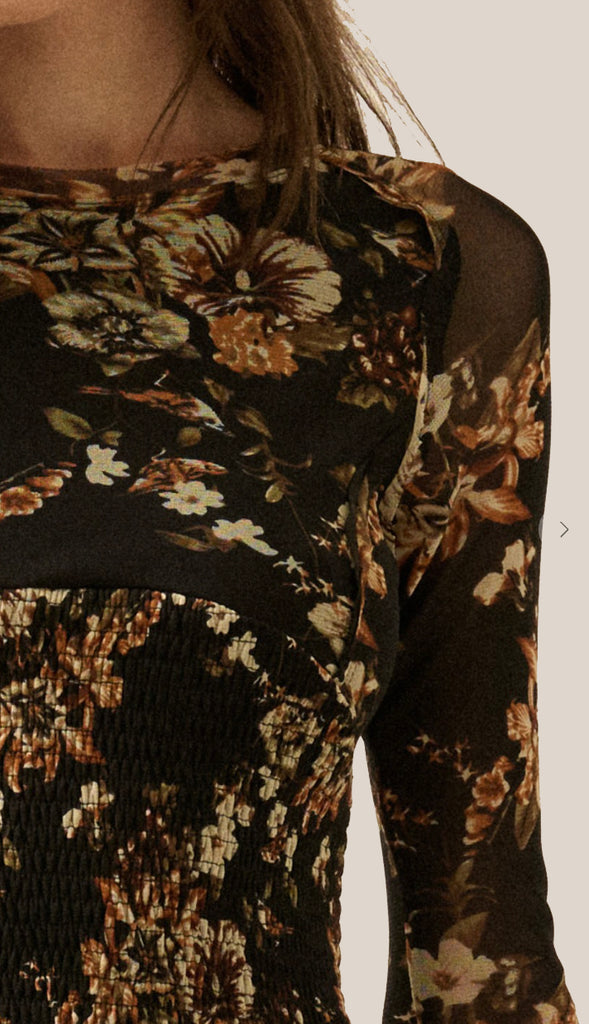 Falling Into Midnight Floral Mesh Smocked Midi Dress- Black