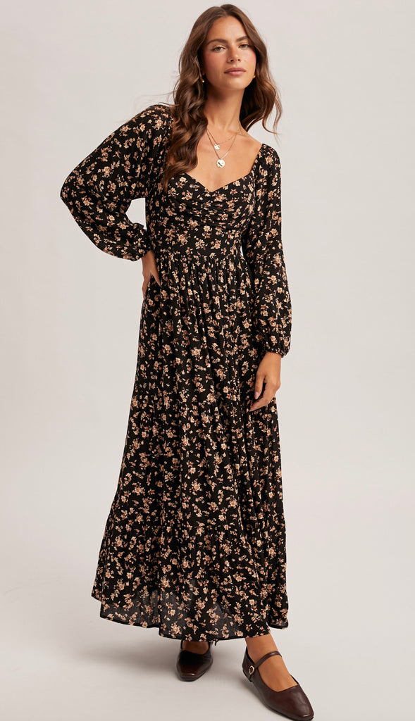 Midnight Wonder Floral Midi Dress- Black