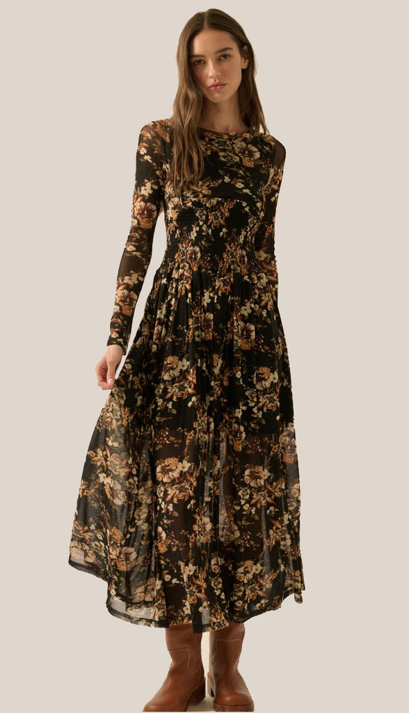 Falling Into Midnight Floral Mesh Smocked Midi Dress- Black