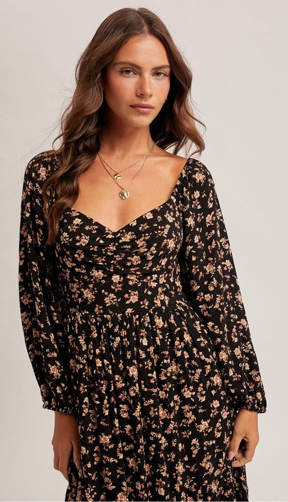 Midnight Wonder Floral Midi Dress- Black