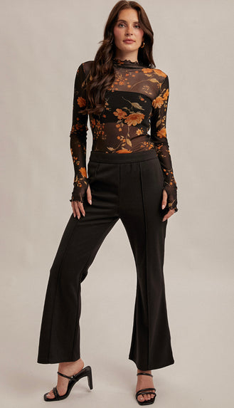 Revival Floral Mesh Print Cabbage Hem Top- Black