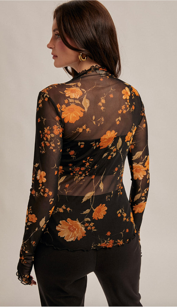 Revival Floral Mesh Print Cabbage Hem Top- Black