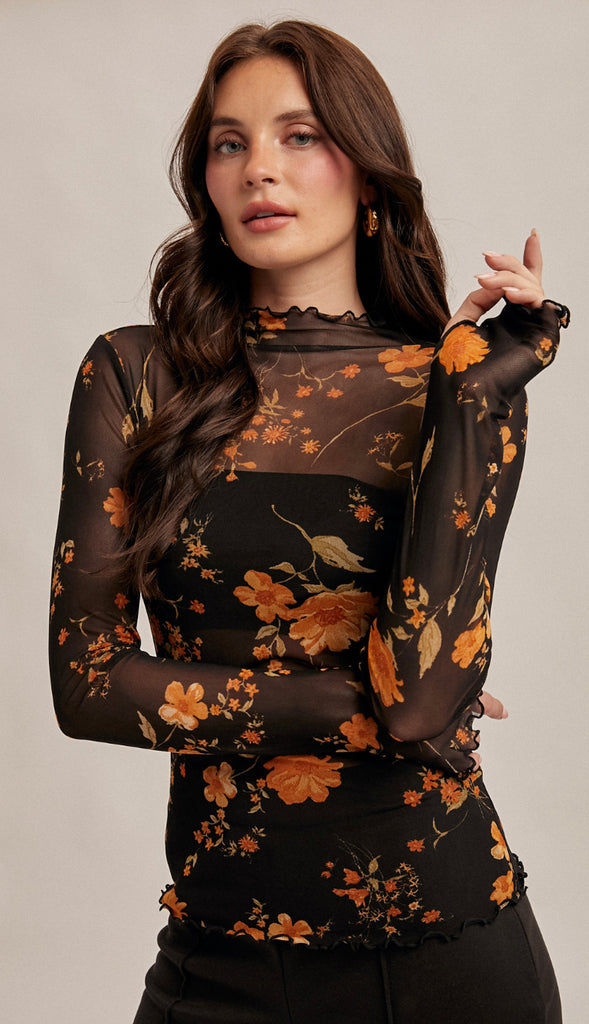 Revival Floral Mesh Print Cabbage Hem Top- Black