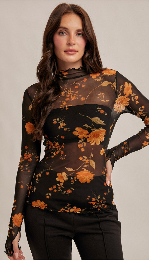 Revival Floral Mesh Print Cabbage Hem Top- Black