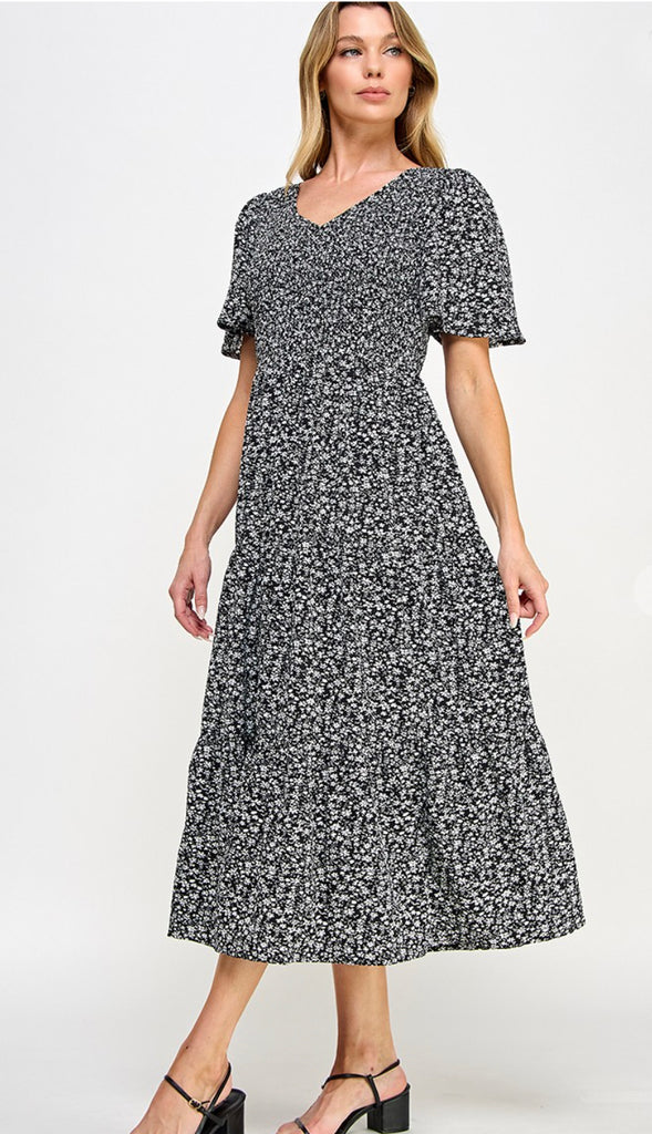 Candice Floral Smocked Chest Midi Dress- Black