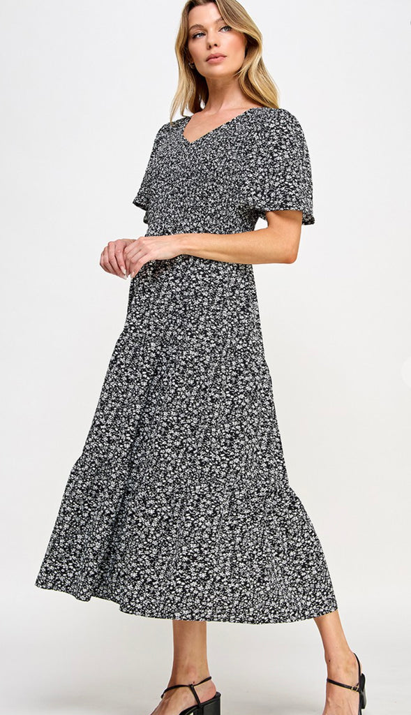 Candice Floral Smocked Chest Midi Dress- Black