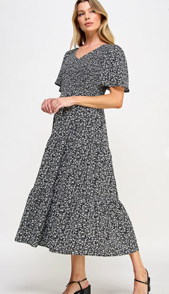 Candice Floral Smocked Chest Midi Dress- Black