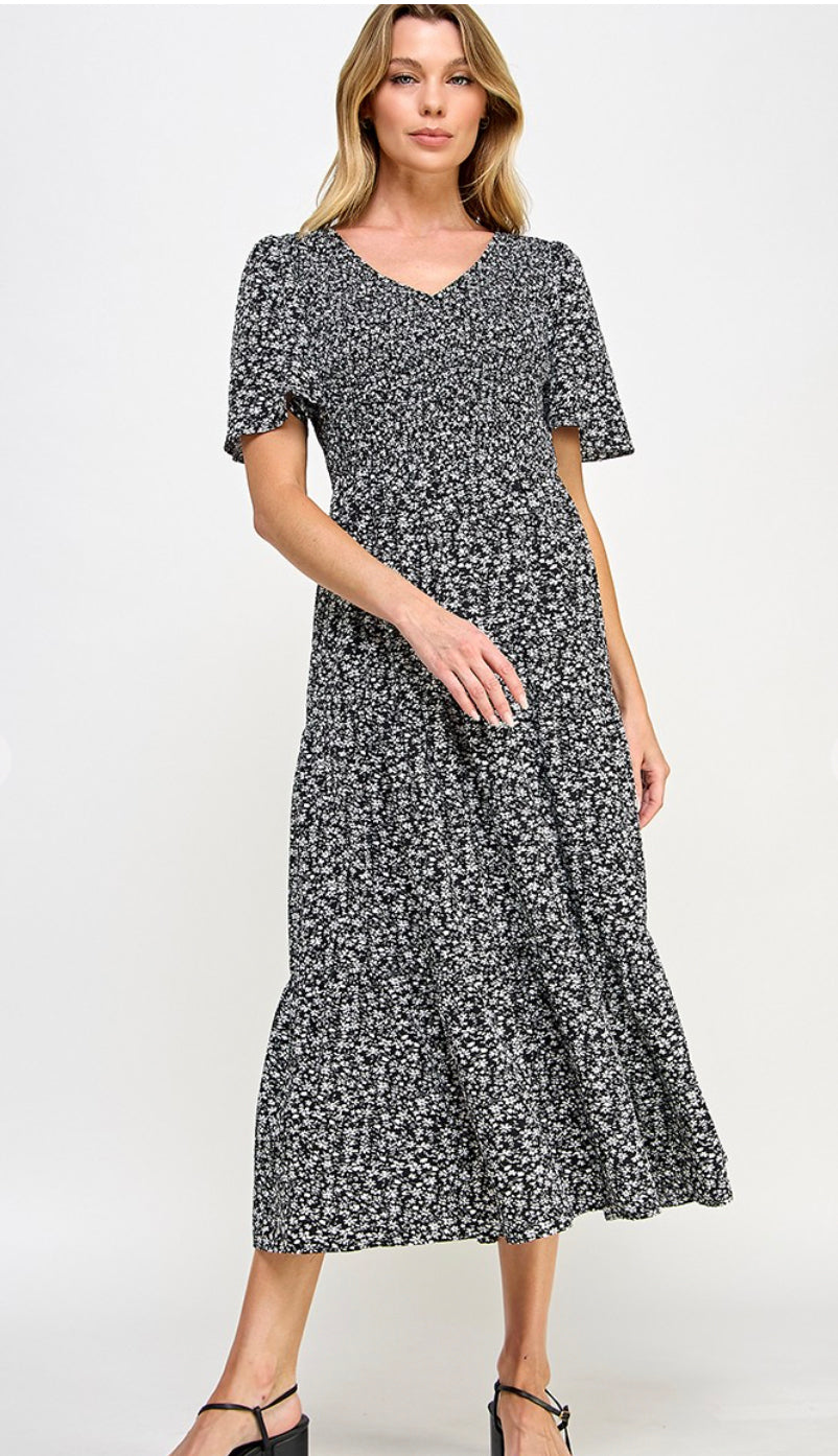 black floral smocked midi dress Black Floral Smocked Plus Midi Dress