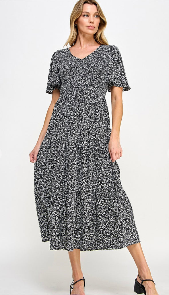 Candice Floral Smocked Chest Midi Dress- Black