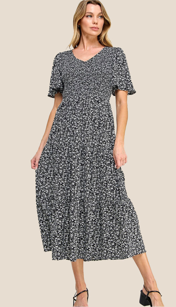 Candice Floral Smocked Chest Midi Dress- Black