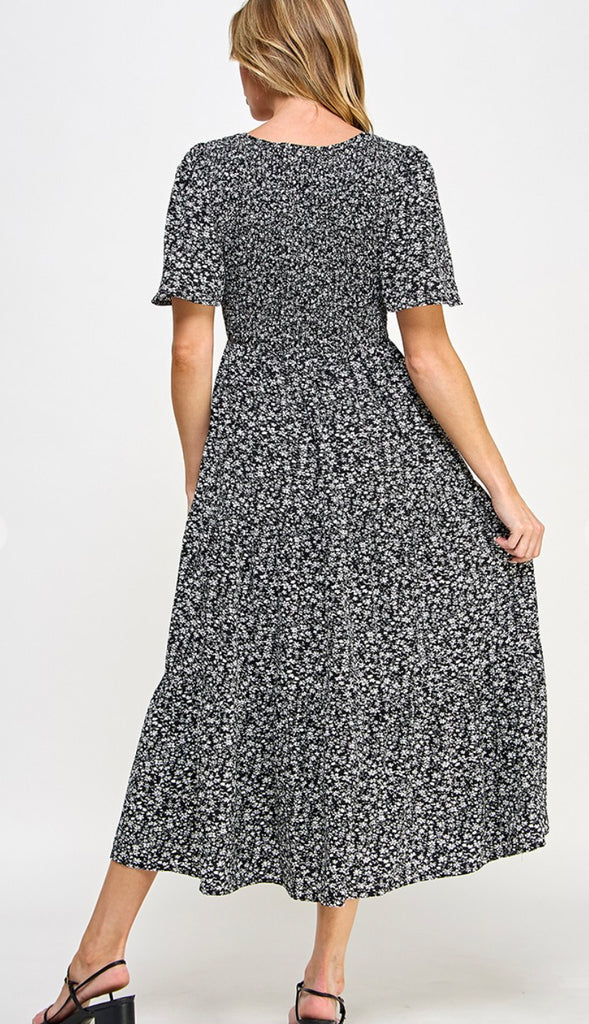 Candice Floral Smocked Chest Midi Dress- Black