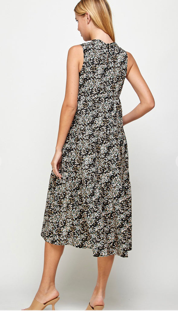 Zuri Halter Neck Floral Midi Dress- Black