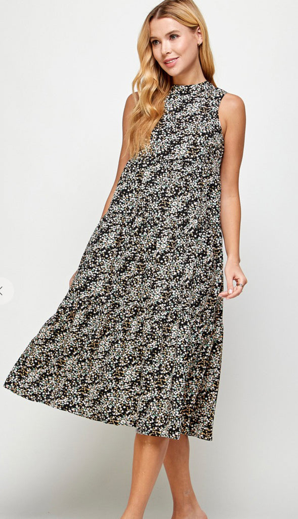 Zuri Halter Neck Floral Midi Dress- Black