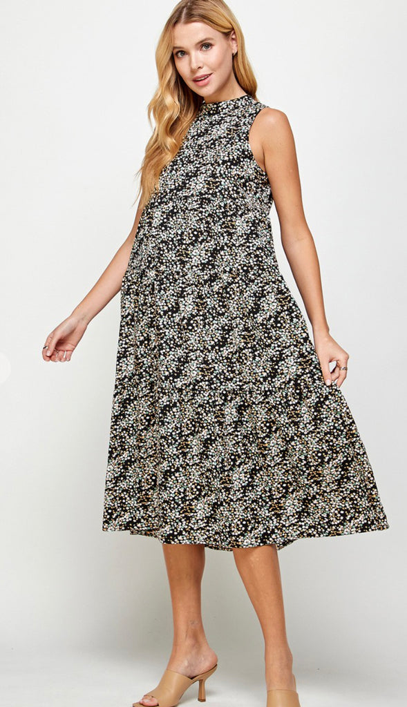 Zuri Halter Neck Floral Midi Dress- Black