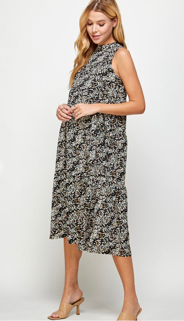 Zuri Halter Neck Floral Midi Dress- Black
