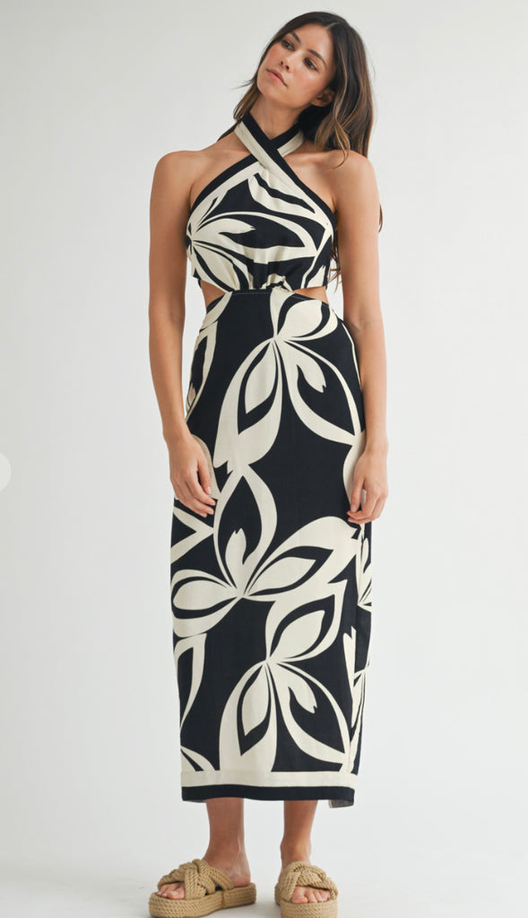 Midnight On The Island Halter Midi Dress- Black