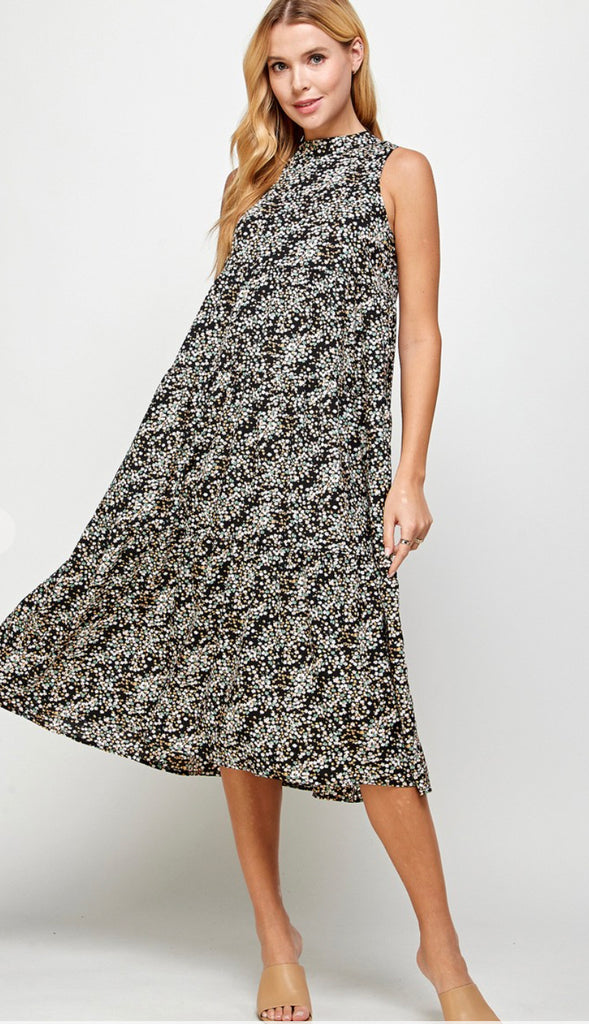 Zuri Halter Neck Floral Midi Dress- Black