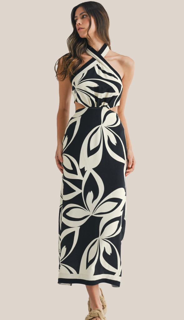 Midnight On The Island Halter Midi Dress- Black