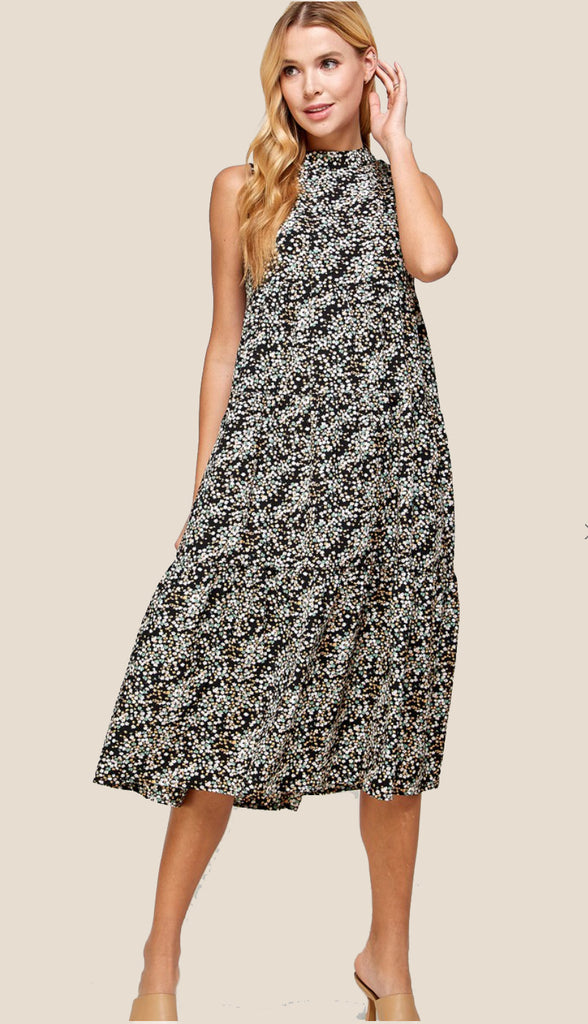 Zuri Halter Neck Floral Midi Dress- Black