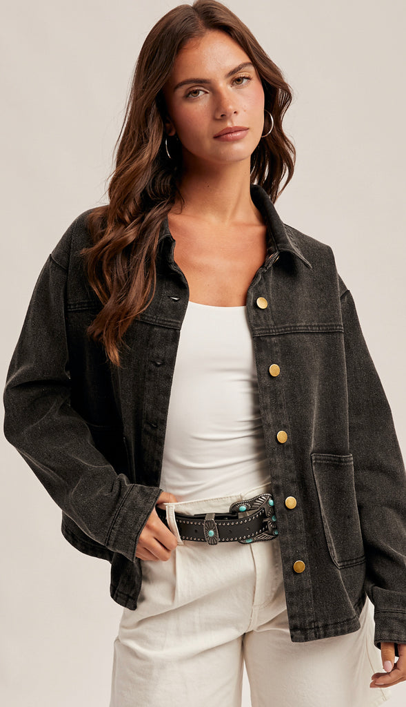 Distressed Wash Canvas Jacket- Black