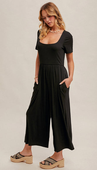 Lennox Short Sleeve Knit Jumpsuit- Black