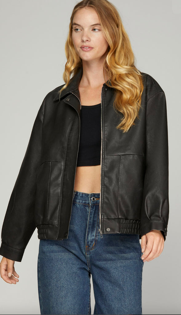 On Edge Faux Leather Zip Jacket- Black